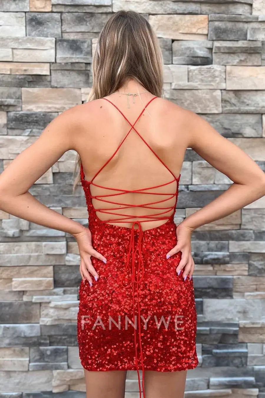 Vestido de cóctel FannyWe sencillo con lentejuelas iridiscentes rojas y escote en V con abertura para vestidos formales